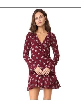 Floral Long-Sleeve Ruffle-Hem Dress in Burgundy